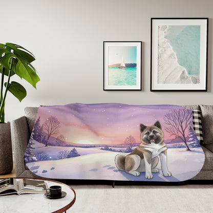 Akita Winter Sunset Sherpa Blanket — Cozy Reversible Throw for Dog Lovers