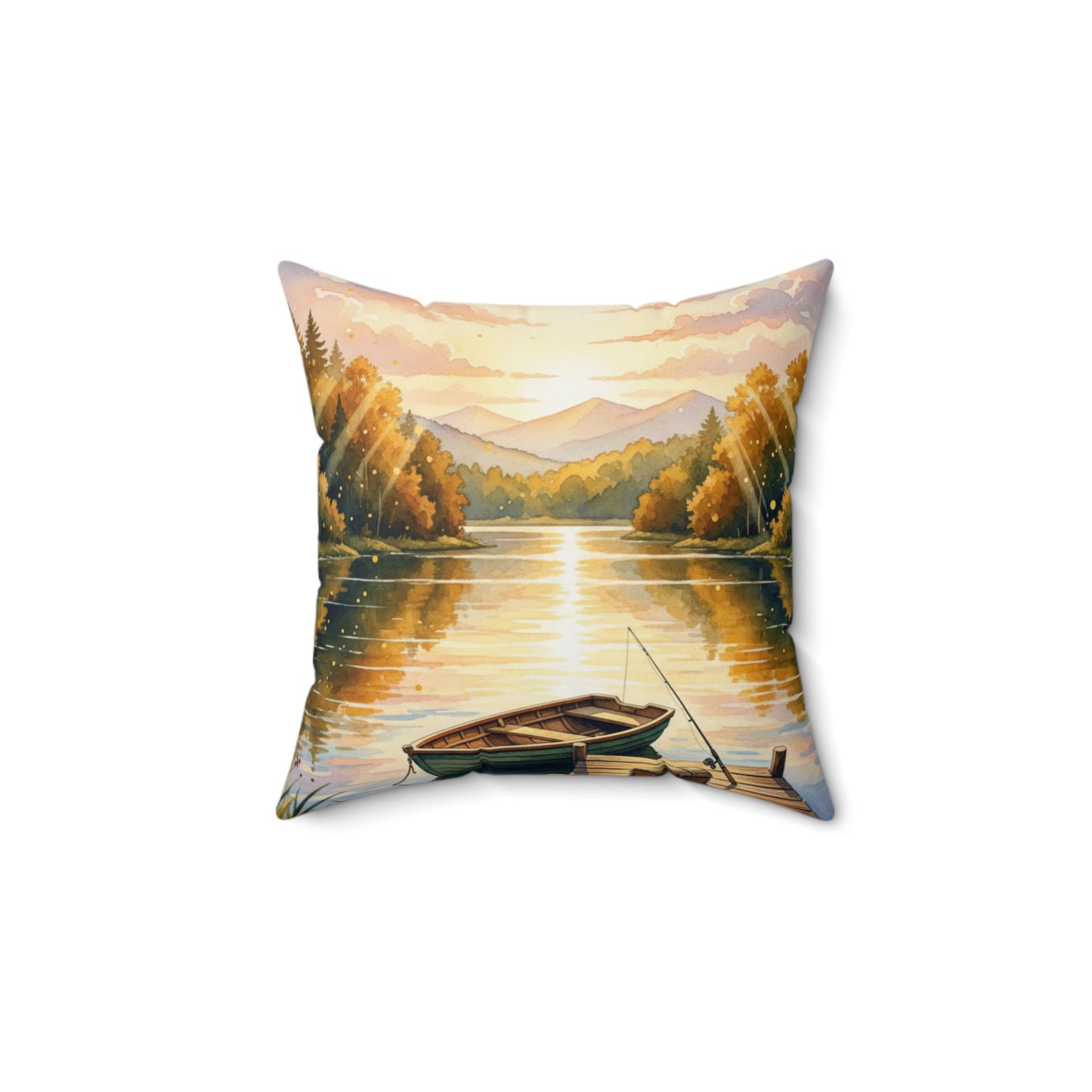 Golden Hour Angler's Dream: Watercolor Lake Sunset Pillow