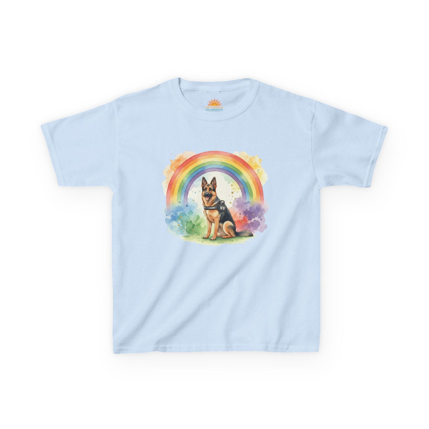 Kids German Shepherd Tee — Rainbow Watercolor Pup T-Shirt