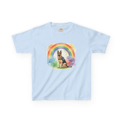 Kids German Shepherd Tee — Rainbow Watercolor Pup T-Shirt
