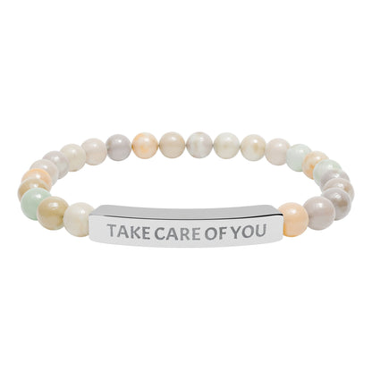 Take Care of You Natural Stone Stretch Bar Bracelet — Engraved Self-Care Jewelry