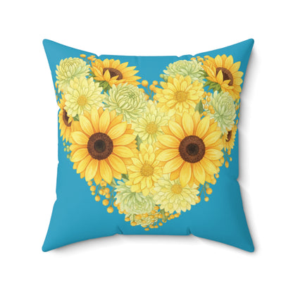 Sunflower Heart Throw Pillow — Yellow Floral Decorative Cushion on Teal Background