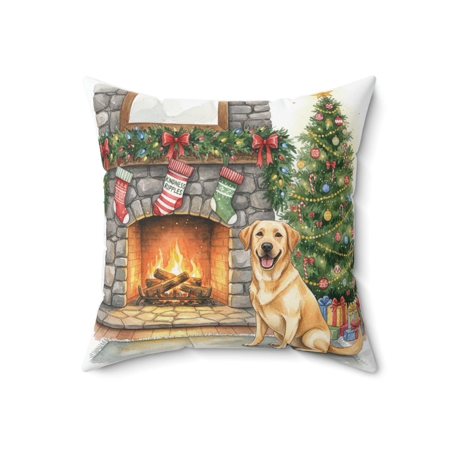 Yellow Lab Christmas Pillow – Holiday Tree & Gifts by the Fire Decorative Throw Pillow