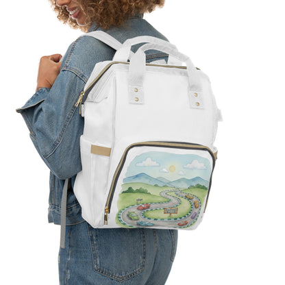 Whimsical Road Trip and Race Car Diaper Backpack for Parents
