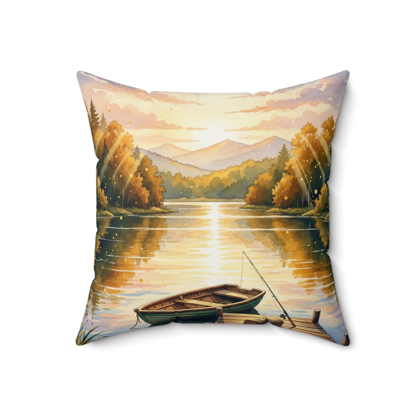Golden Hour Angler's Dream: Watercolor Lake Sunset Pillow