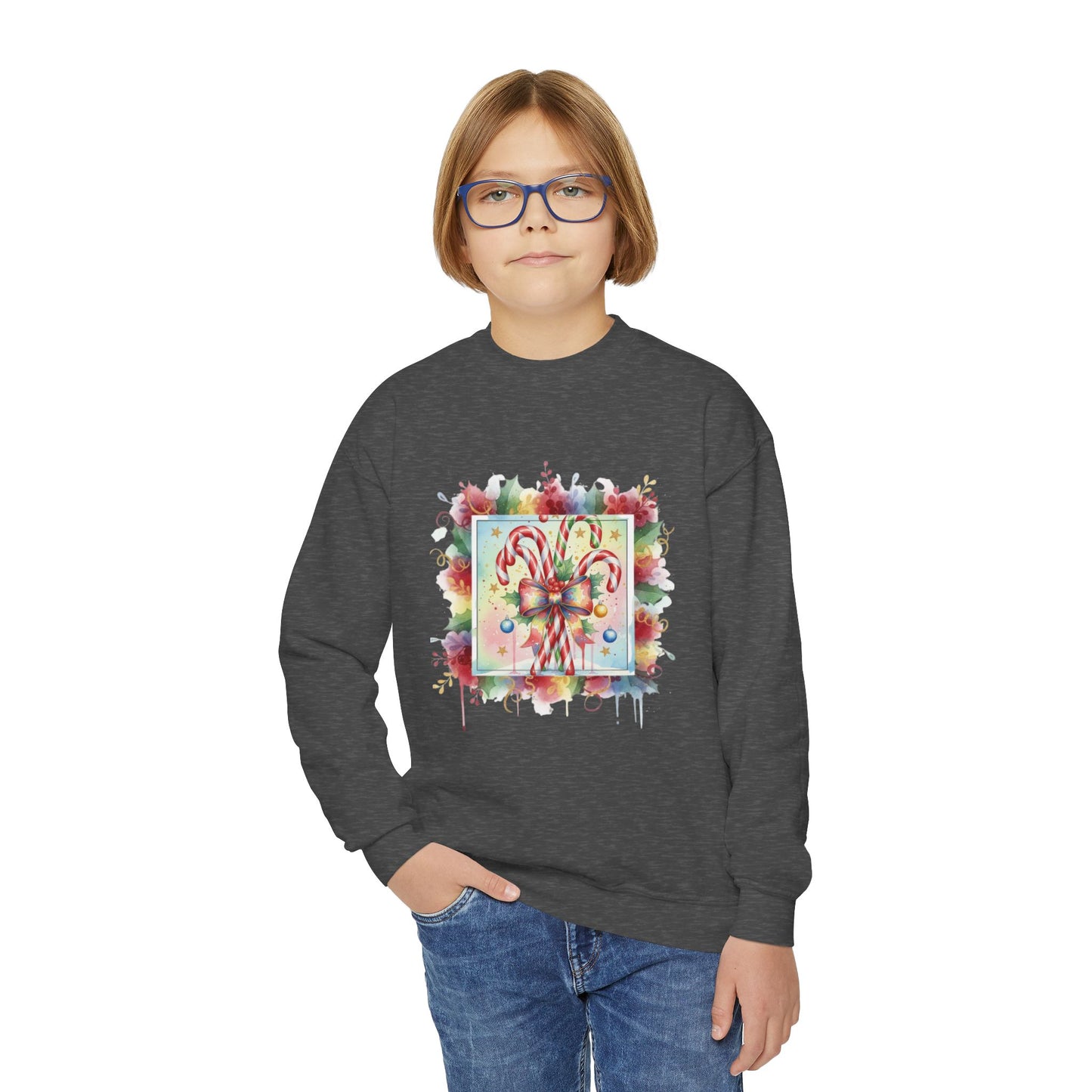 Candy Cane Youth Crewneck Sweatshirt - Festive Holiday Apparel