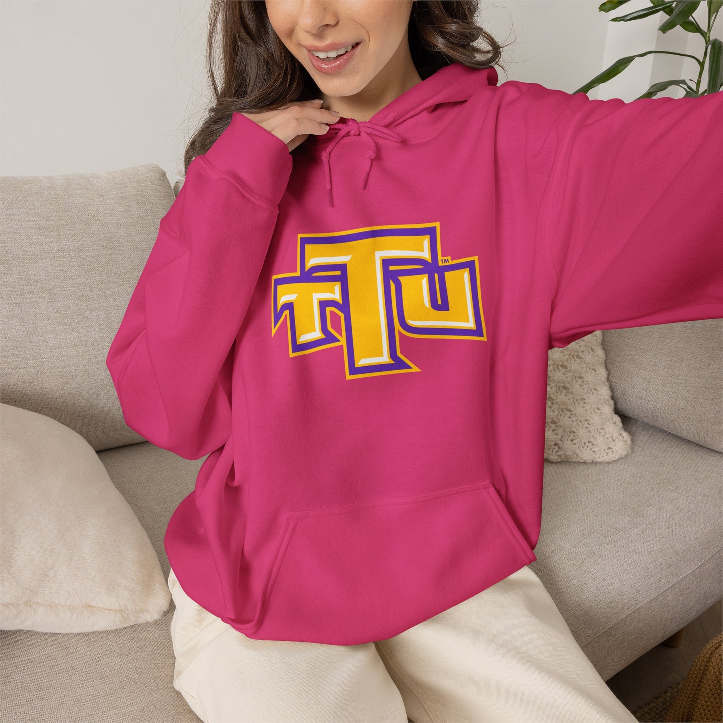 Pink School Logo Hoodie — Retro TTU Initials Pullover
