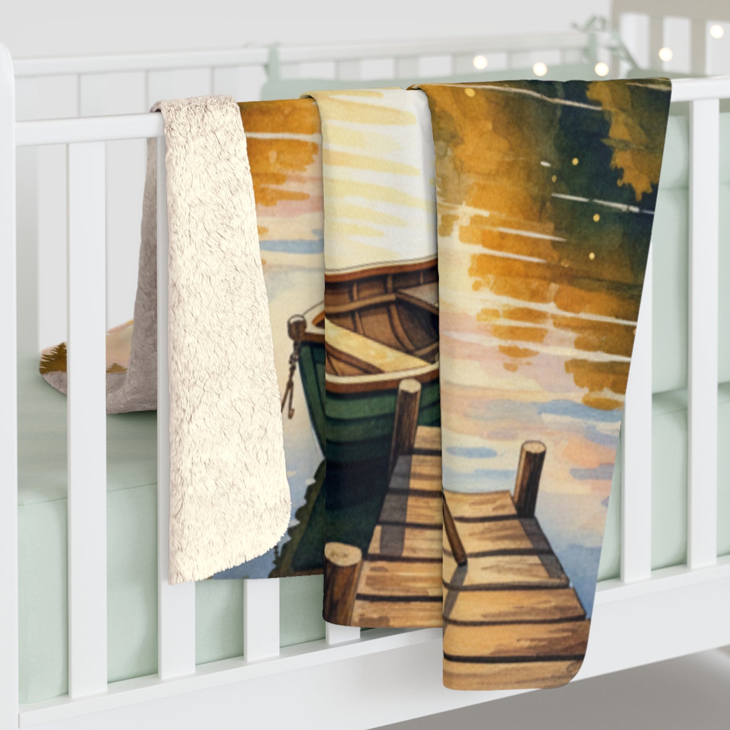 Golden Hour Angler's Dream: Watercolor Lake Sunset Sherpa Blanket