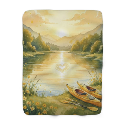 Golden Embrace Kayak Dream: Watercolor Lake Sunset Sherpa Blanket