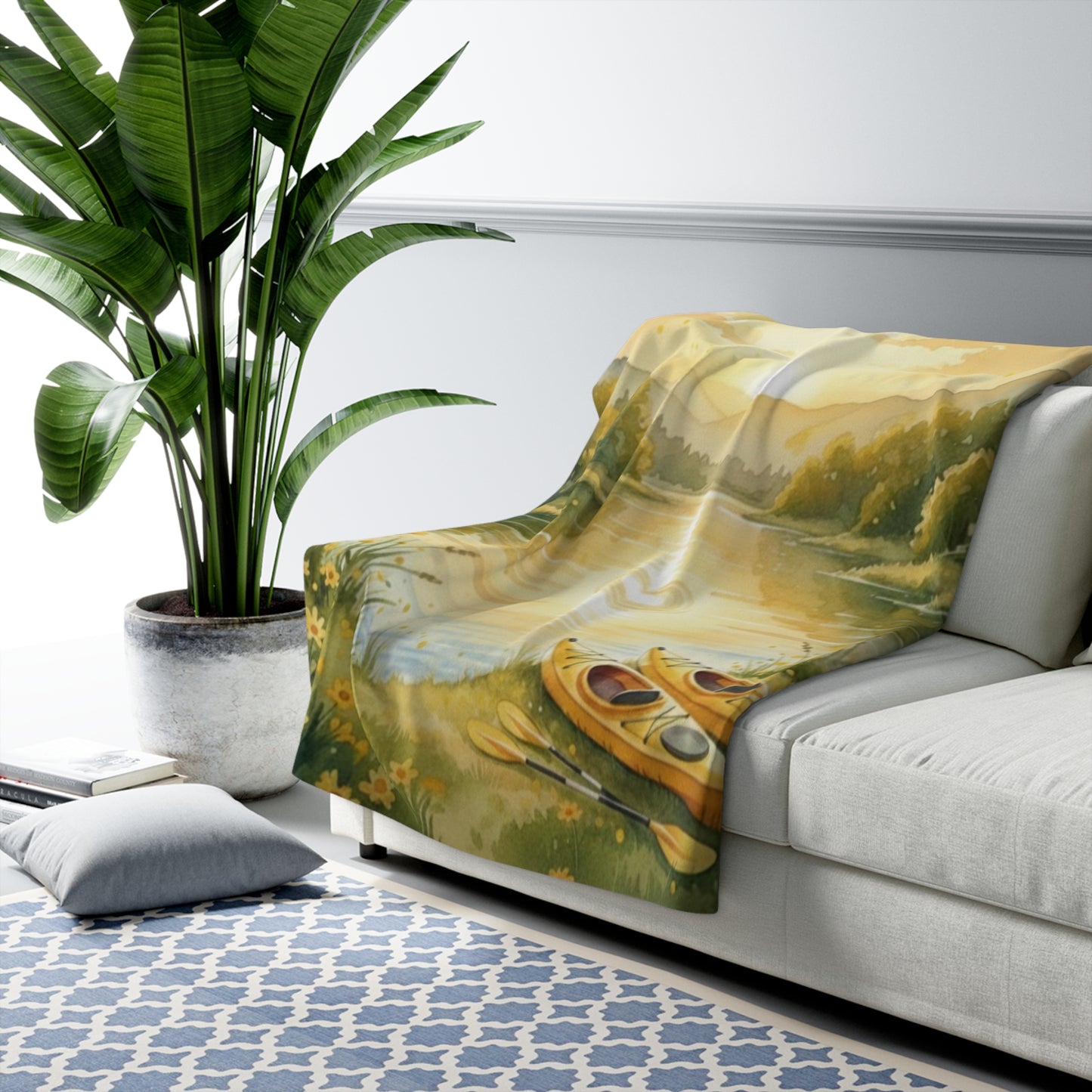 Golden Embrace Kayak Dream: Watercolor Lake Sunset Sherpa Blanket