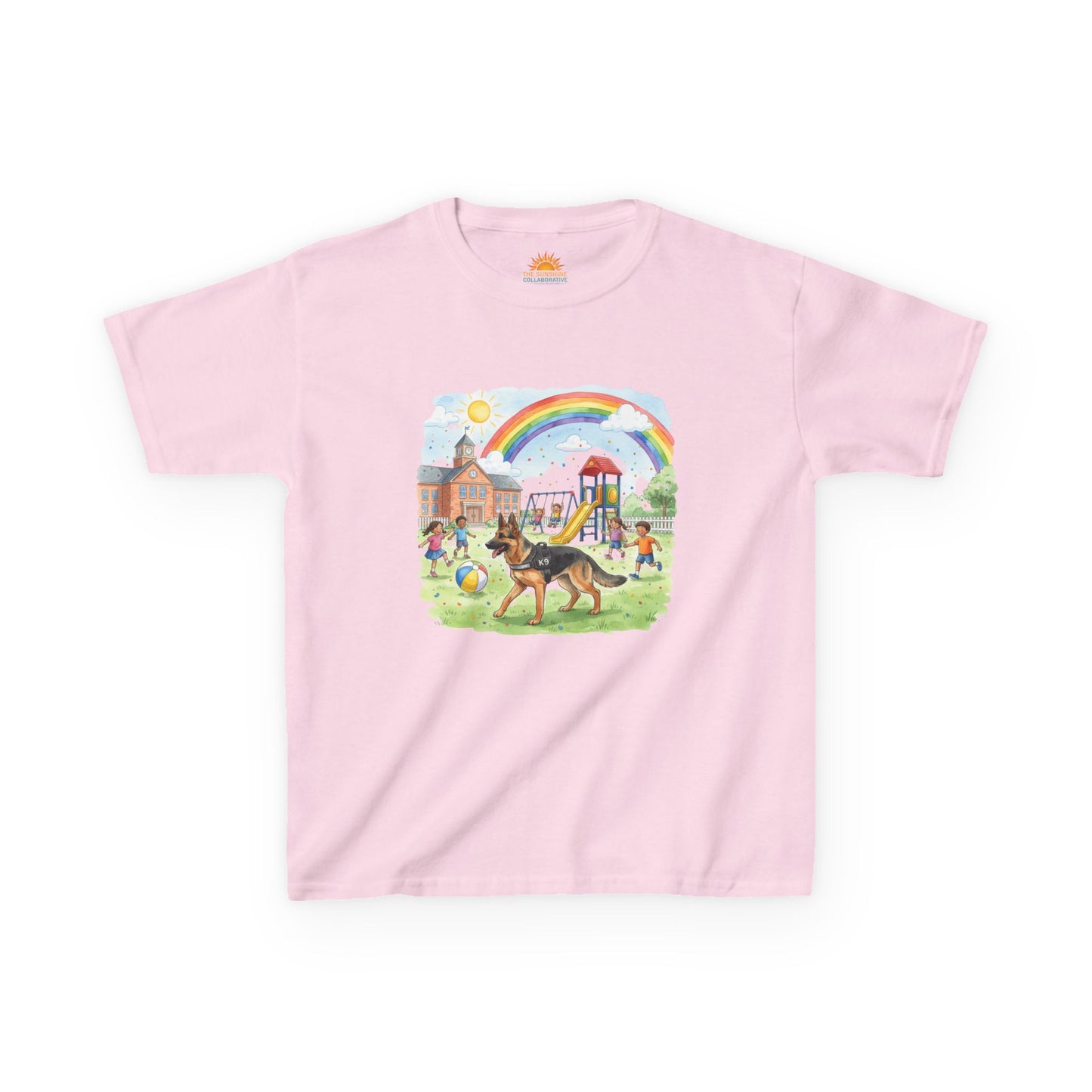 Kids T-Shirt — Playful Park Scene with Rainbow, Playground & Dog