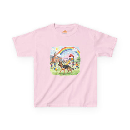 Kids T-Shirt — Playful Park Scene with Rainbow, Playground & Dog
