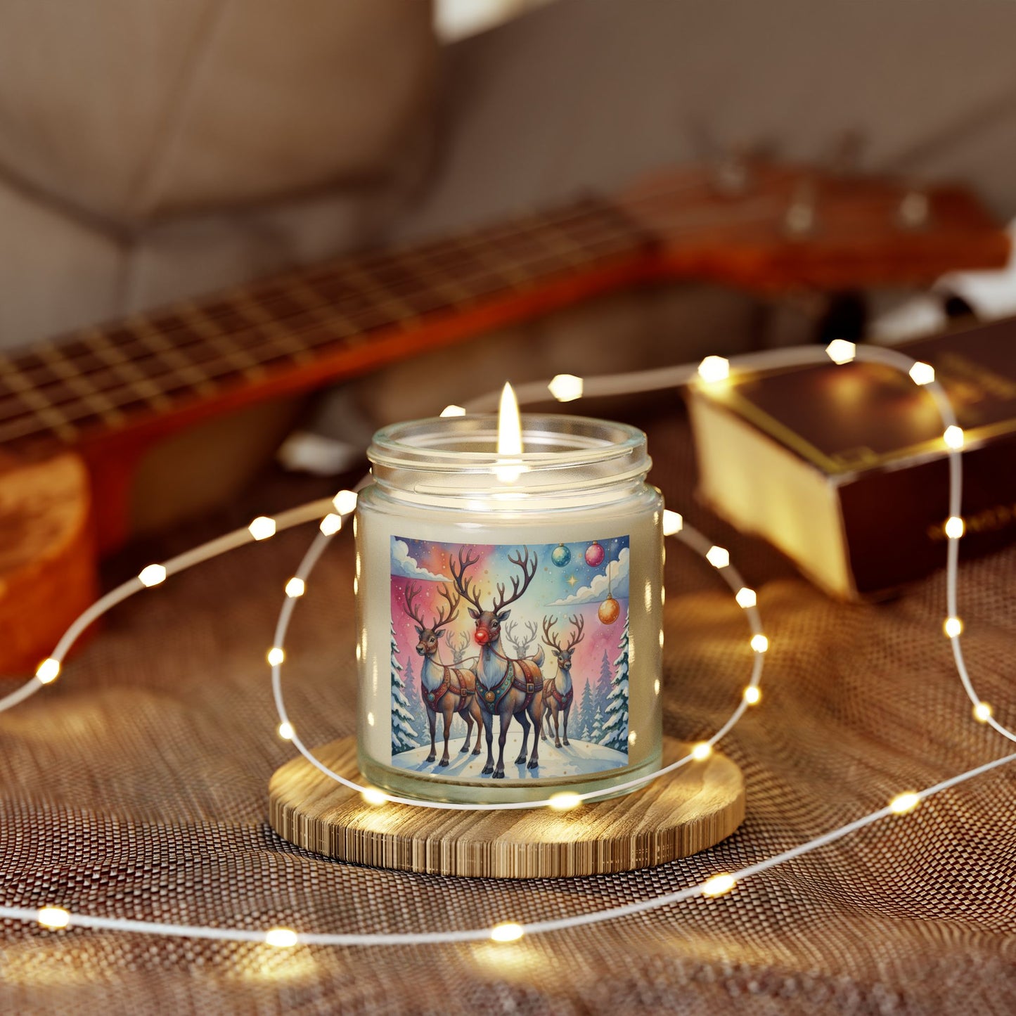 Holiday Scented Candle with Reindeer Design - Coconut Apricot Wax (4oz, 9oz)