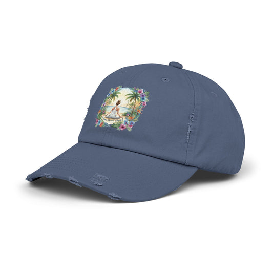 The Rachel - Zen-Inspired Unisex Distressed Cap with Tropical Meditation Design