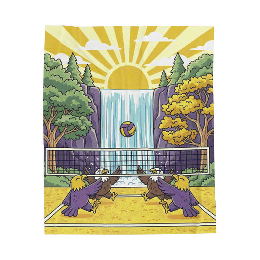 Beach Volleyball Waterfall Velveteen Plush Blanket — Birds Cookeville Beach Court Sunset Design