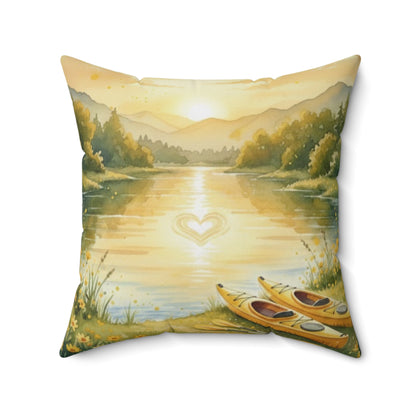 Golden Embrace Kayak Dream: Watercolor Lake Sunset Pillow