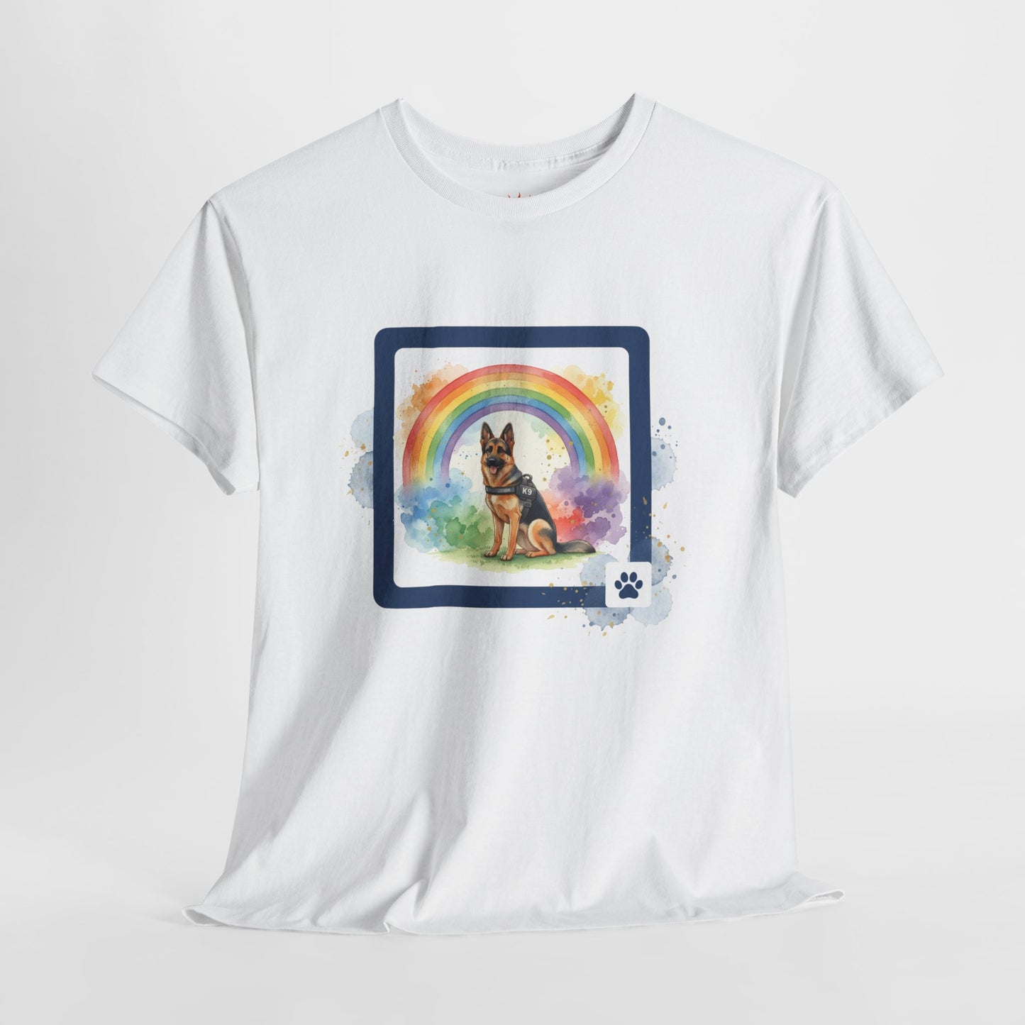 German Shepherd Rainbow Tee — Dog Lover T-Shirt with Paw Print