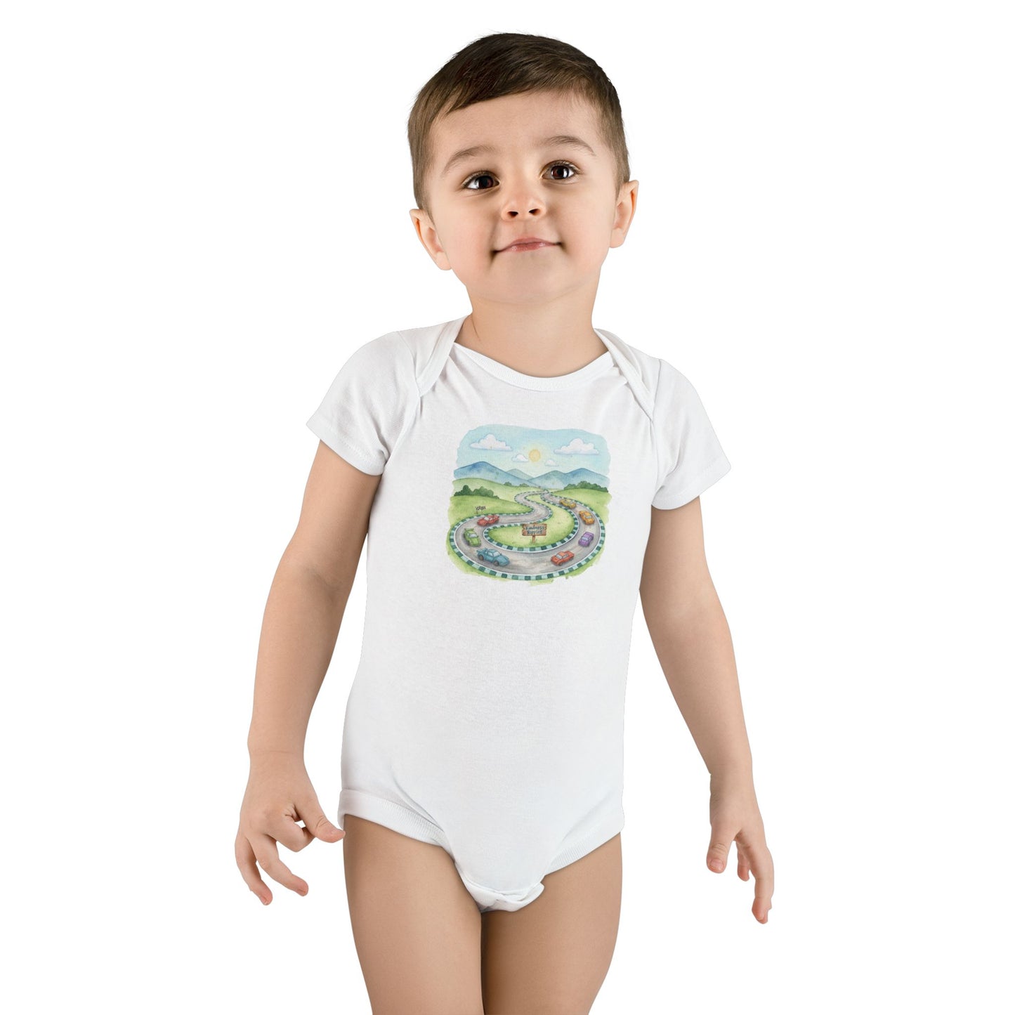 Organic Baby Bodysuit - Colorful Nature Adventure Race Car Road Trip Design