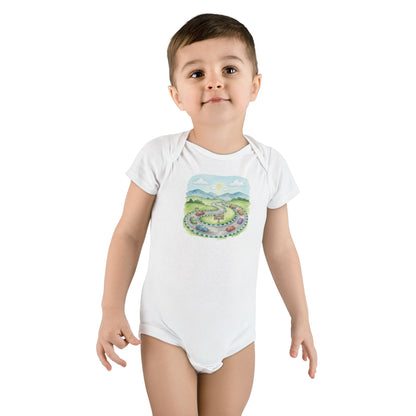 Organic Baby Bodysuit - Colorful Nature Adventure Race Car Road Trip Design