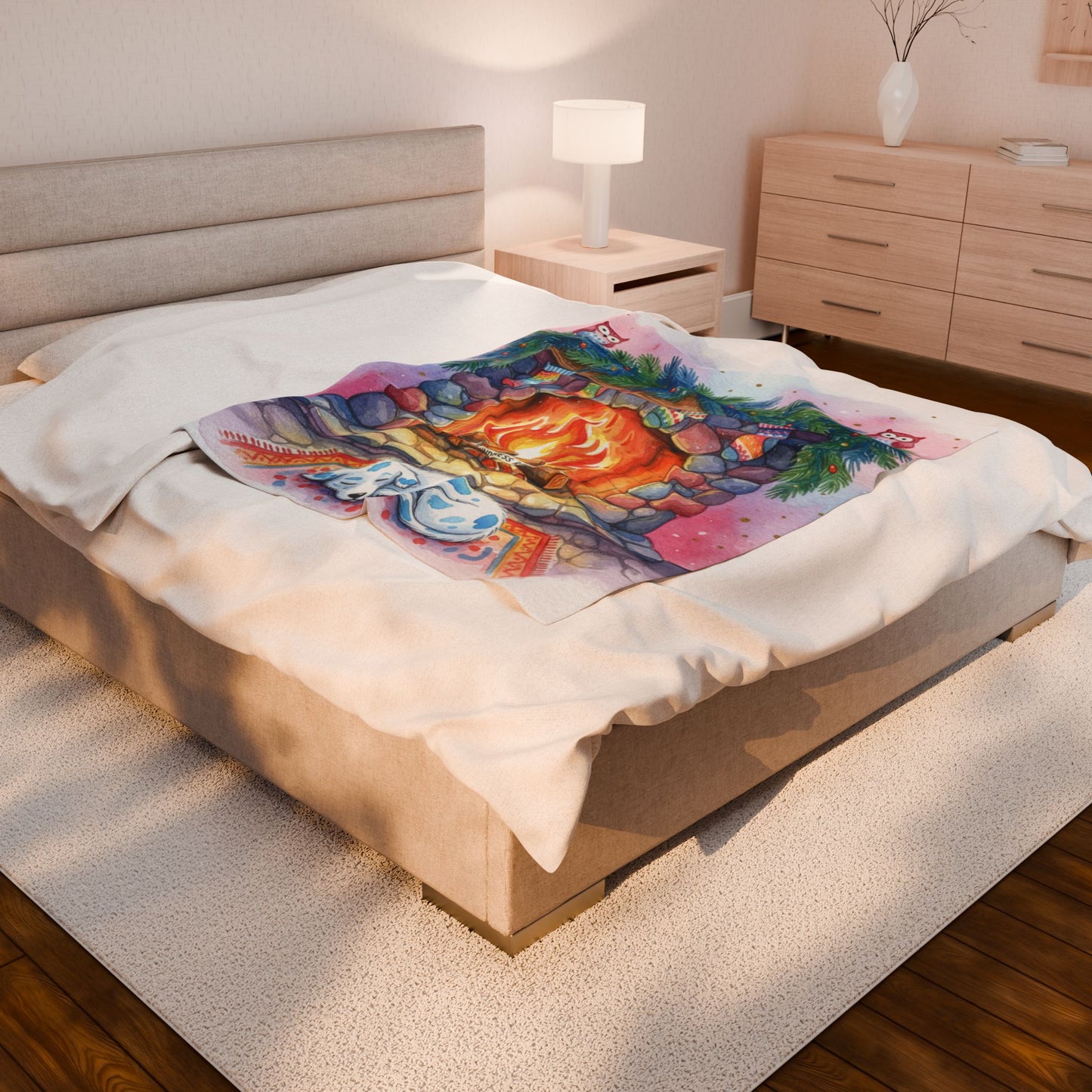 Cozy Holiday Velveteen Plush Blanket with Fireplace Design and Blue Spotted Puppy Dog