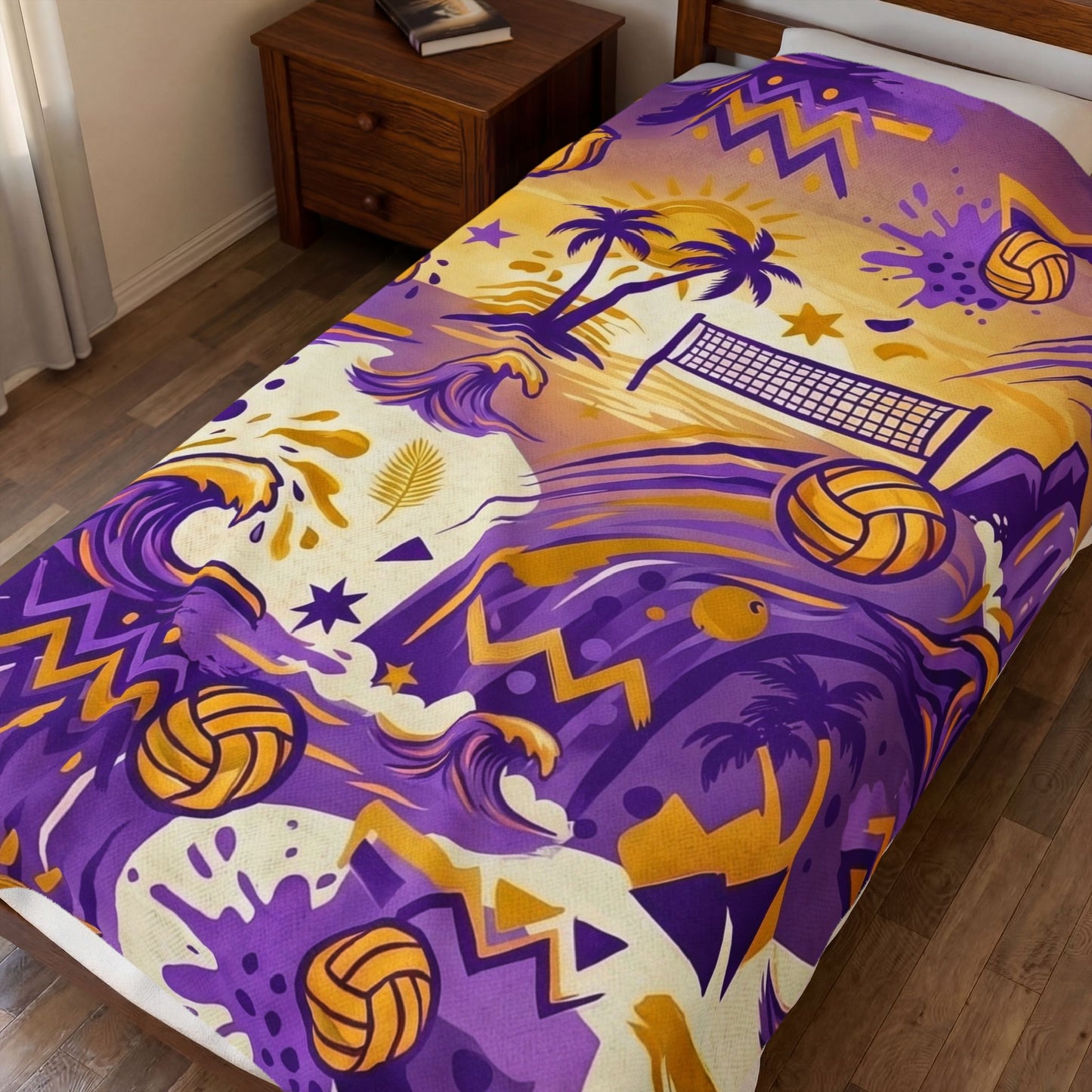 Beach Volleyball Velveteen Plush Blanket — Purple & Gold Coastal Wave Design