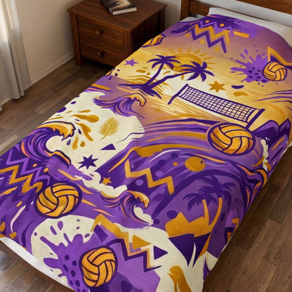 Beach Volleyball Velveteen Plush Blanket — Purple & Gold Coastal Wave Design