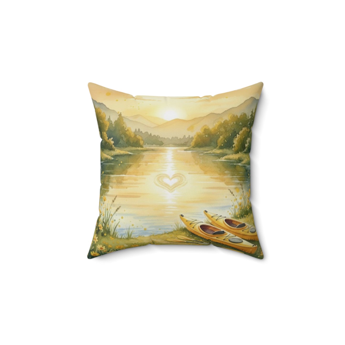 Golden Embrace Kayak Dream: Watercolor Lake Sunset Pillow