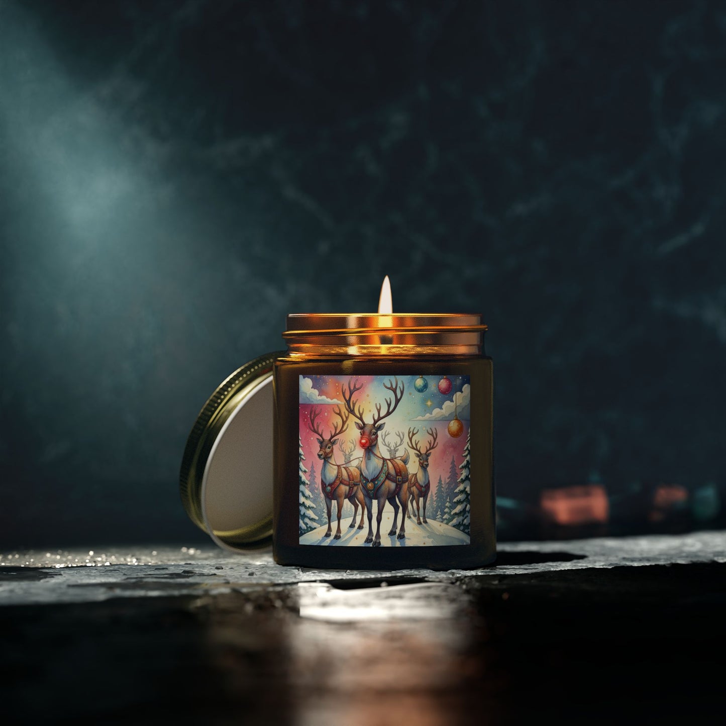 Holiday Scented Candle with Reindeer Design - Coconut Apricot Wax (4oz, 9oz)