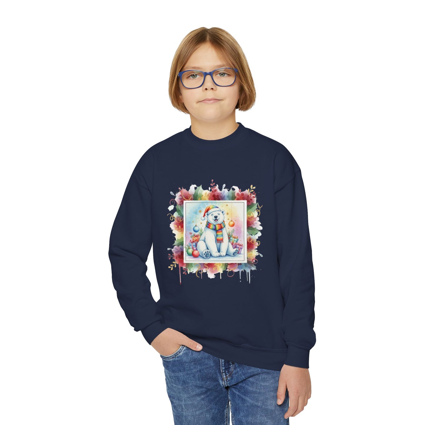 Festive Polar Bear Youth Crewneck Sweatshirt