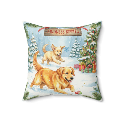 Friendly Golden Retrievers Dog Christmas Pillow – Holiday Tree & Gifts Decorative Throw Pillow