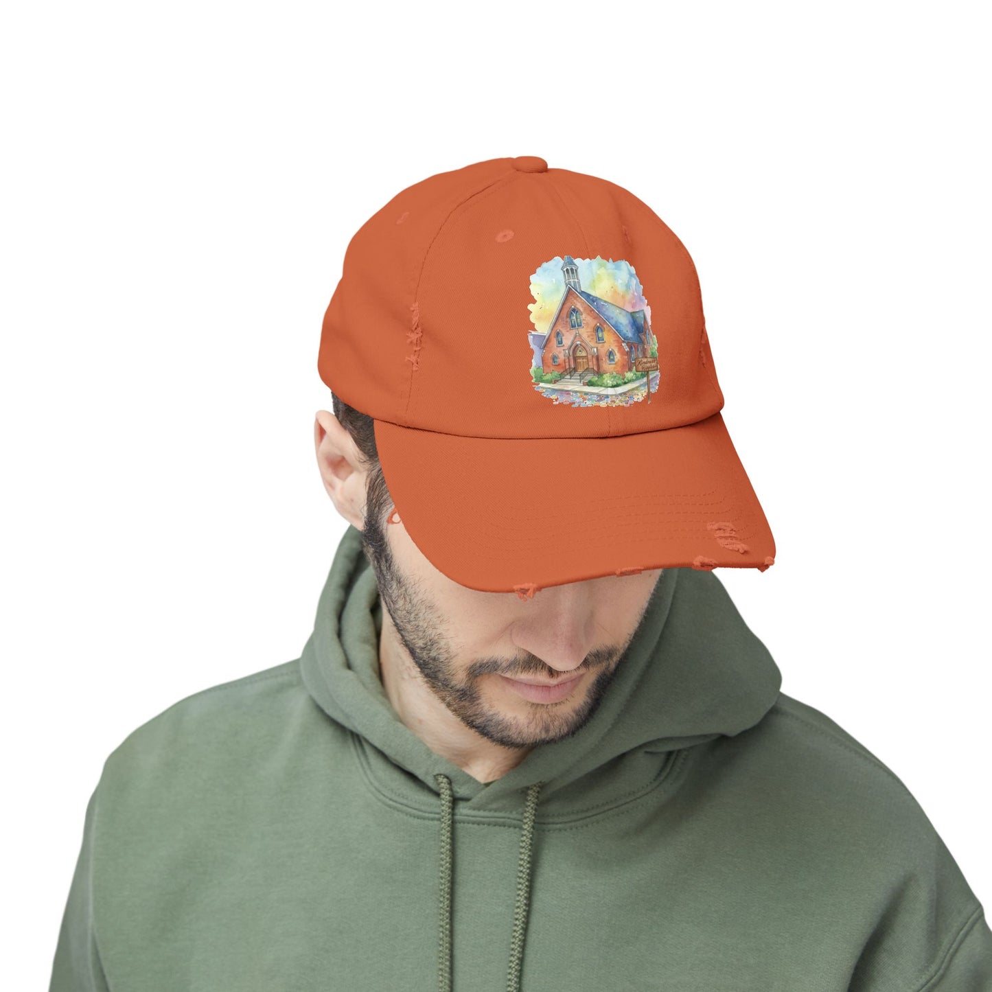 Distressed Cap with Watercolor Church Illustration -- Pays Homage to the Amazing St. William Community