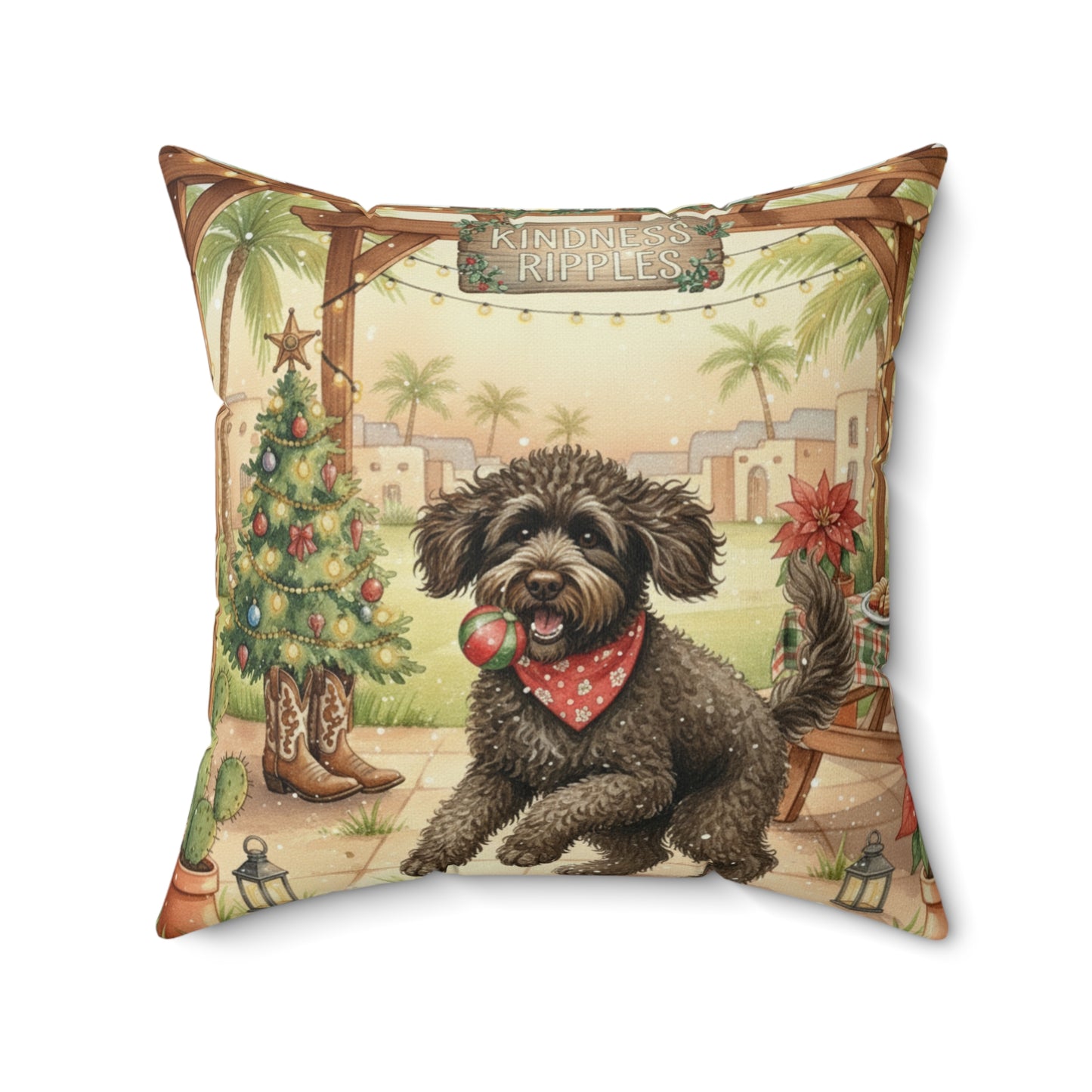 Square Pillow - Curly Haired Doodle Holiday Picnic Fun Design