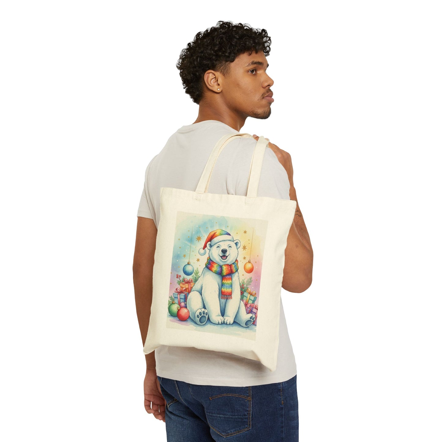 Festive Polar Bear Canvas Tote Bag - Eco-Friendly Holiday Shopping