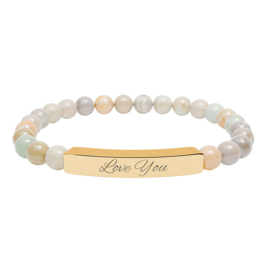 Engraved Natural Stone Bar Bracelet — "Love You" Stretch Beaded Bracelet