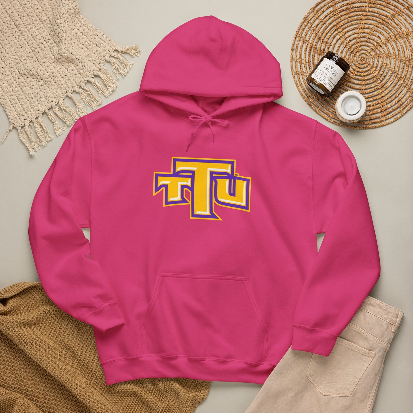 Pink School Logo Hoodie — Retro TTU Initials Pullover