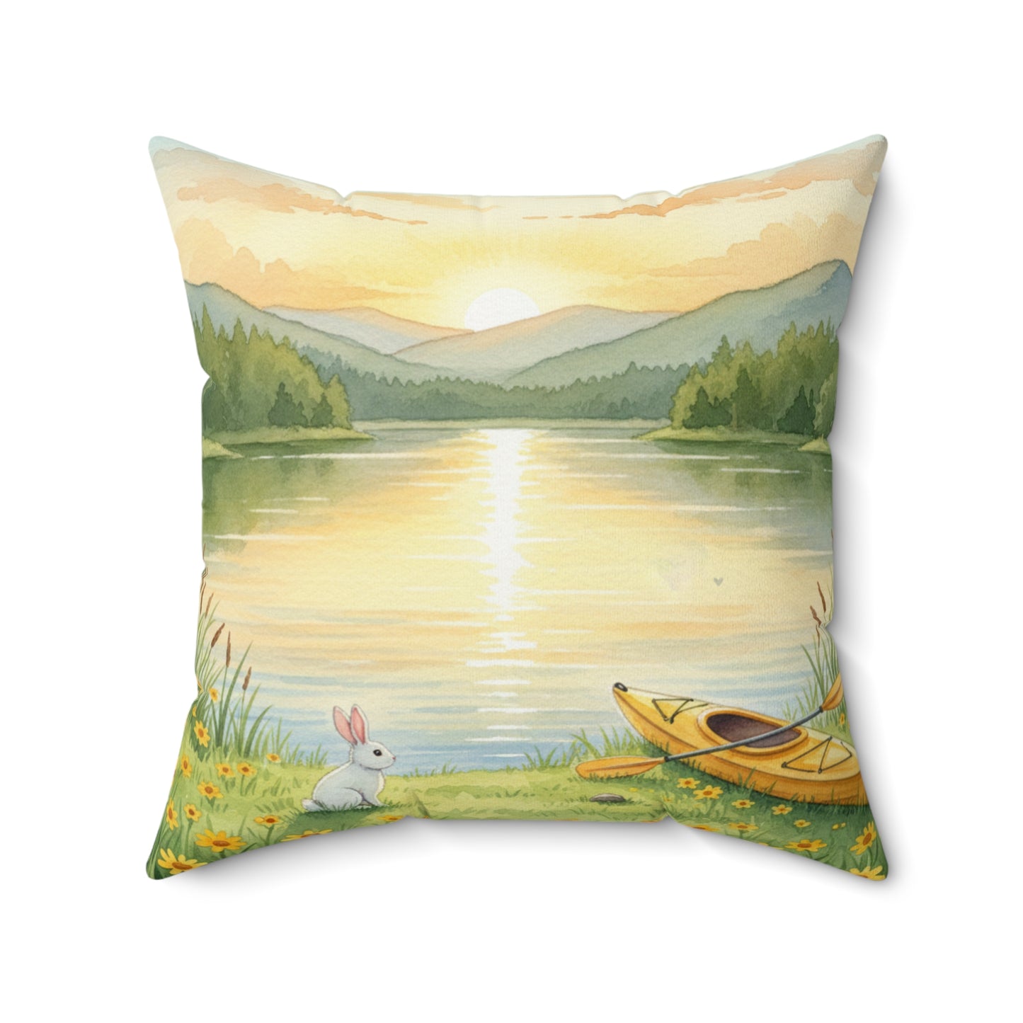 Golden Hour Solace: Watercolor Lakeside Adventure with Bunny Pillow