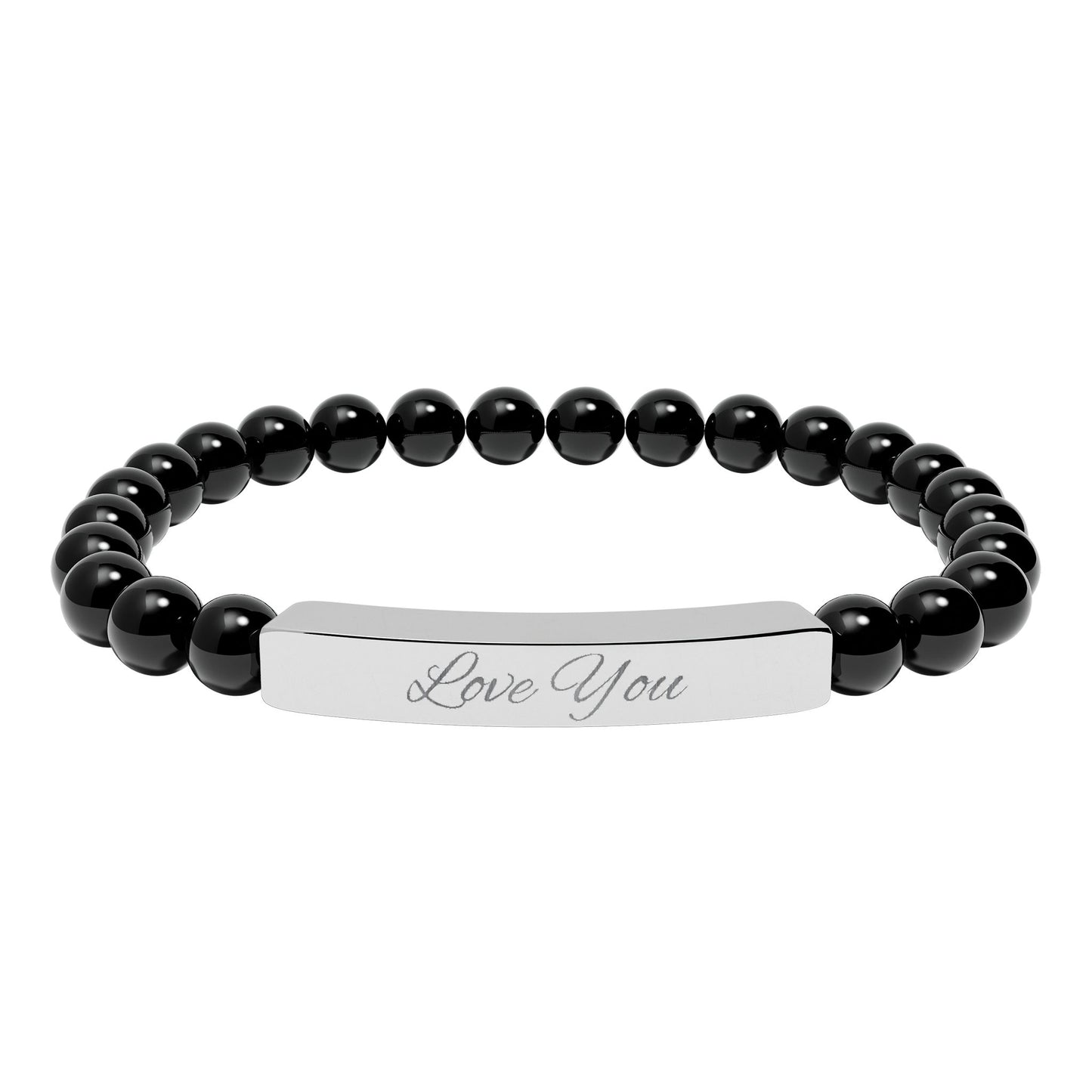 Engraved Natural Stone Bar Bracelet — "Love You" Stretch Beaded Bracelet