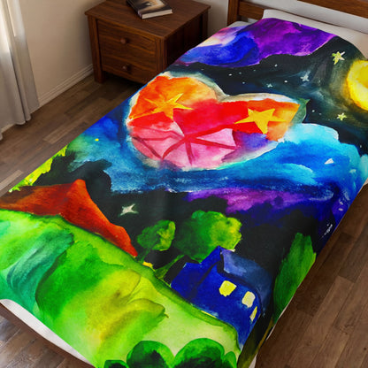 Velveteen Plush Blanket — Colorful Night Sky Heart Landscape Throw