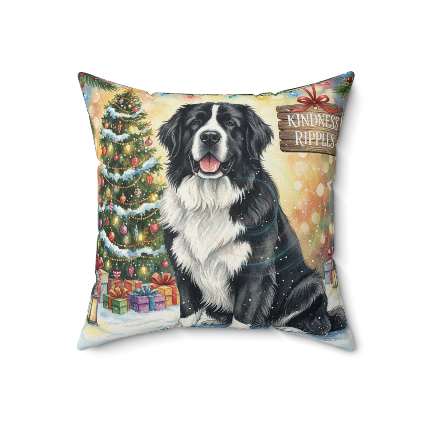 Gentle Newfoundland Dog Christmas Pillow – Holiday Tree & Gifts Decorative Throw Pillow