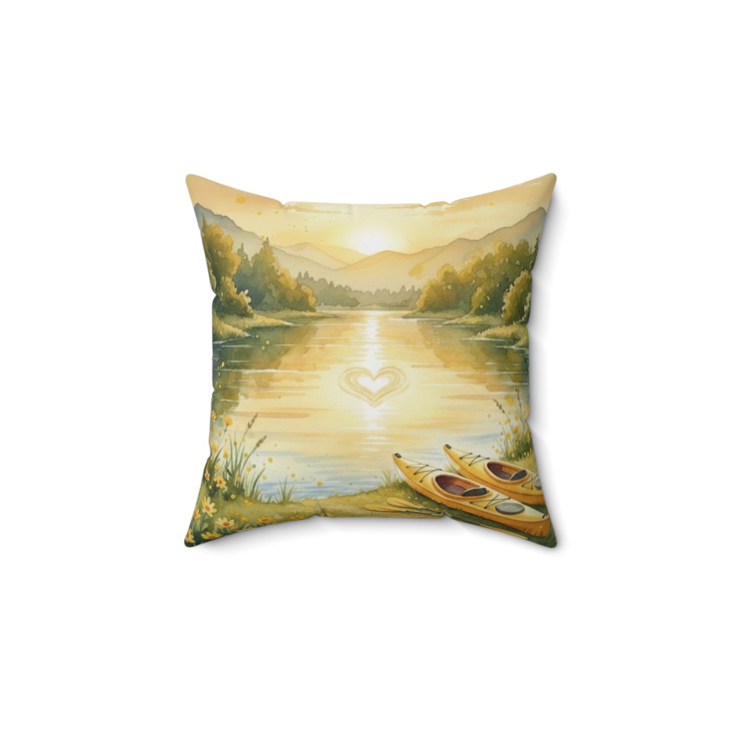 Golden Embrace Kayak Dream: Watercolor Lake Sunset Pillow