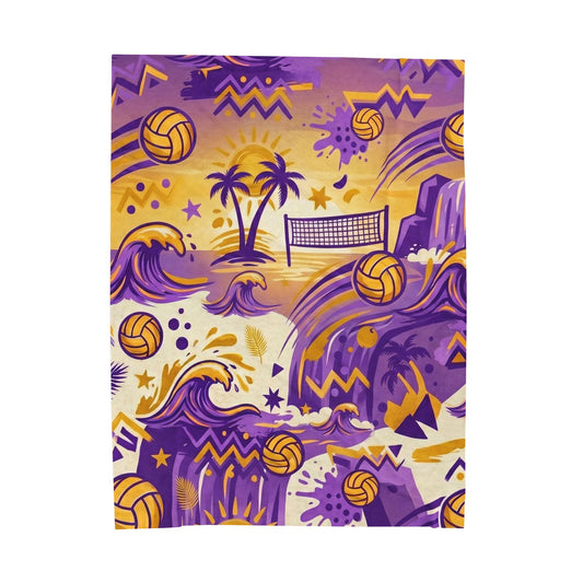 Beach Volleyball Velveteen Plush Blanket — Purple & Gold Coastal Wave Design
