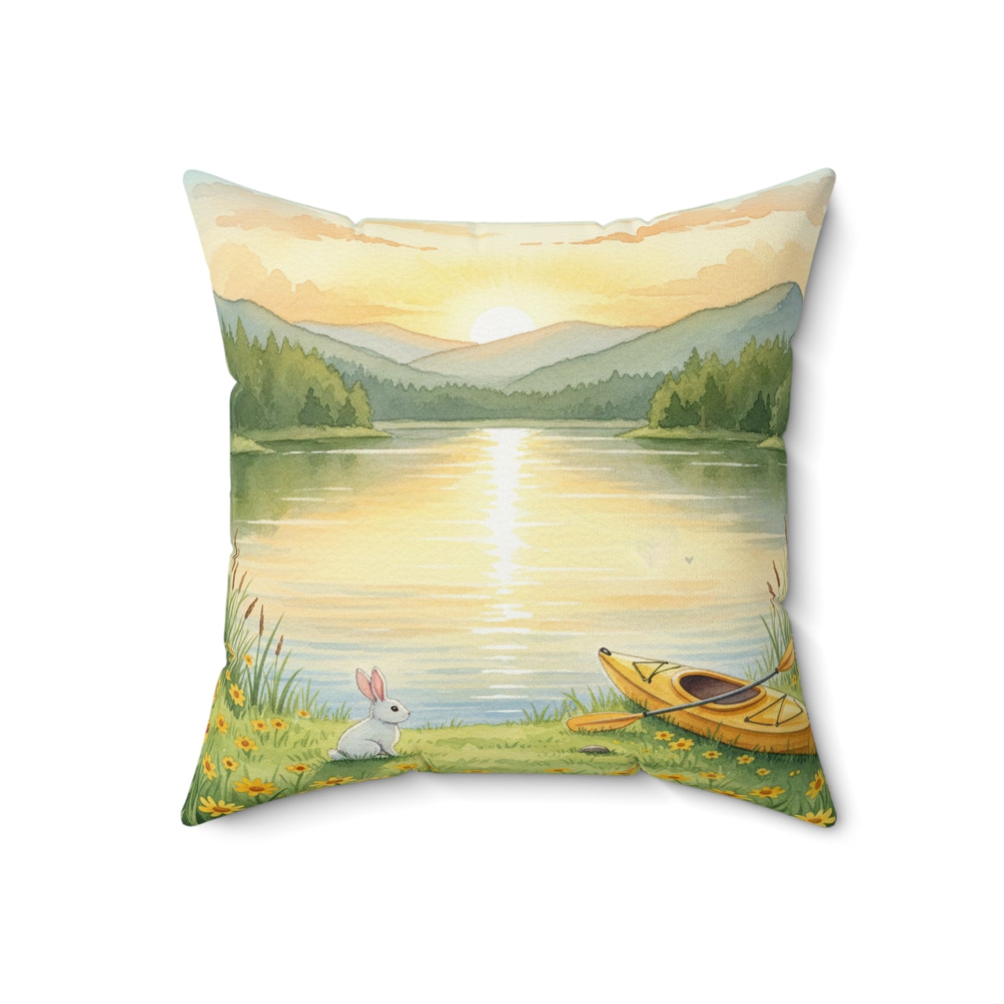 Golden Hour Solace: Watercolor Lakeside Adventure with Bunny Pillow