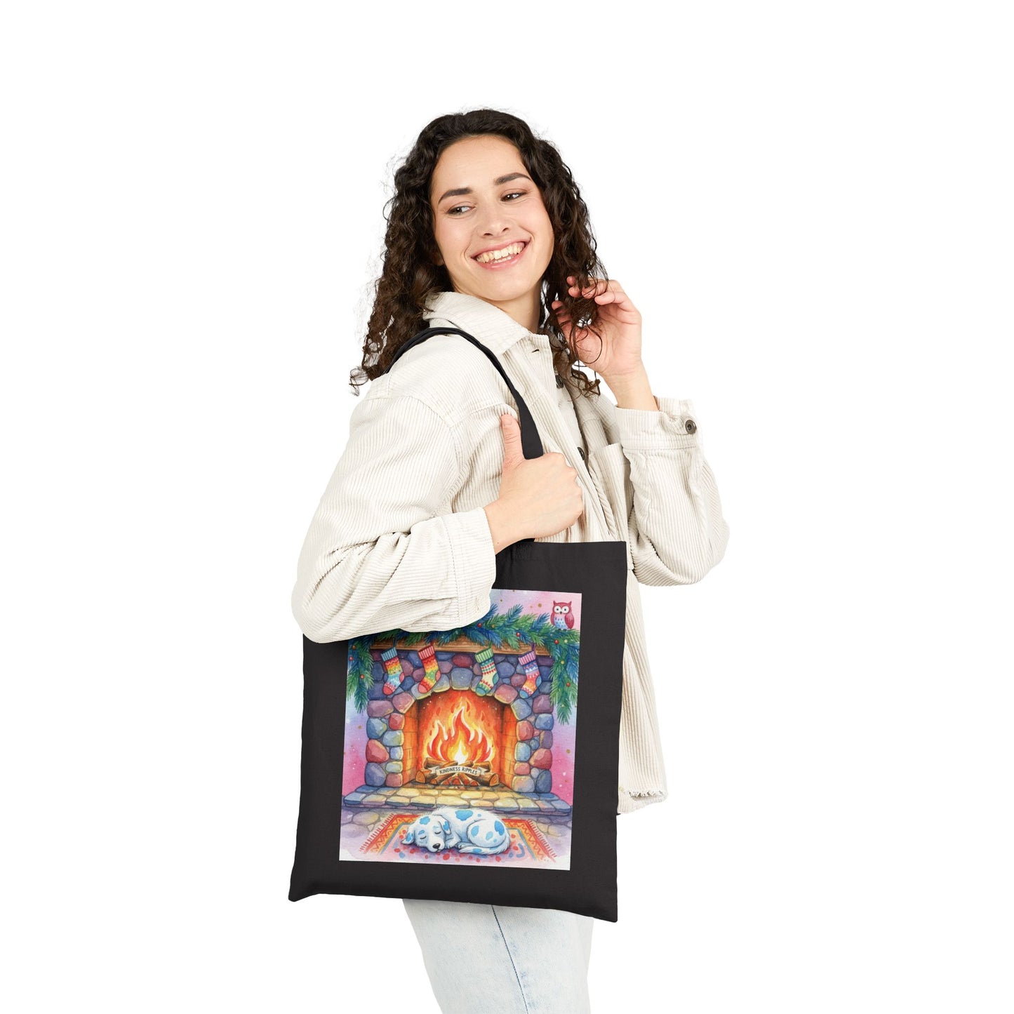 Cozy Holiday Cotton Canvas Tote Bag with Fireplace Design Blue Spotted Puppy Dog