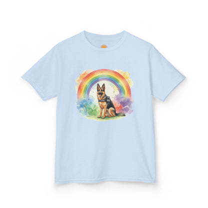 Kids German Shepherd Tee — Rainbow Watercolor Pup T-Shirt