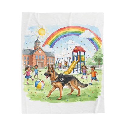 K-9 School Playground Velveteen Plush Blanket — Rainbow, Kids & Police Dog Throw