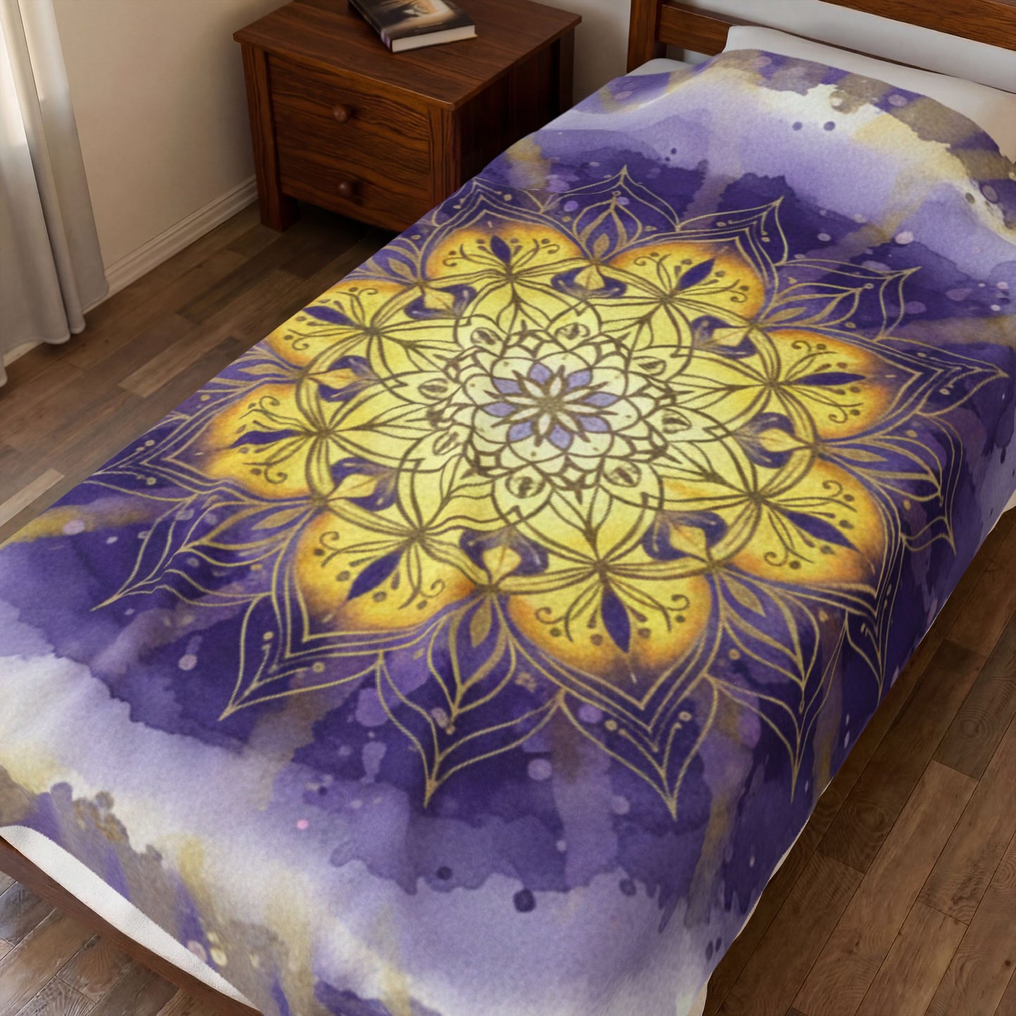 Mandala Velveteen Plush Blanket - Cozy Decorative Throw for Relaxation and Gifts, Purple and Gold, Peaceful, Kindness, Calm