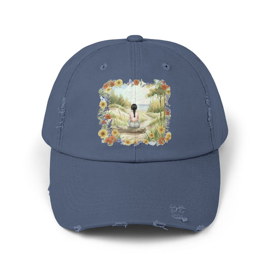 The Ellie- Distressed Blue Stone Cap | Peace in Nature with Floral Artwork | Unisex Summer Hat