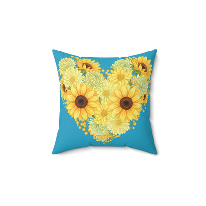Sunflower Heart Throw Pillow — Yellow Floral Decorative Cushion on Teal Background