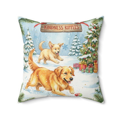 Friendly Golden Retrievers Dog Christmas Pillow – Holiday Tree & Gifts Decorative Throw Pillow