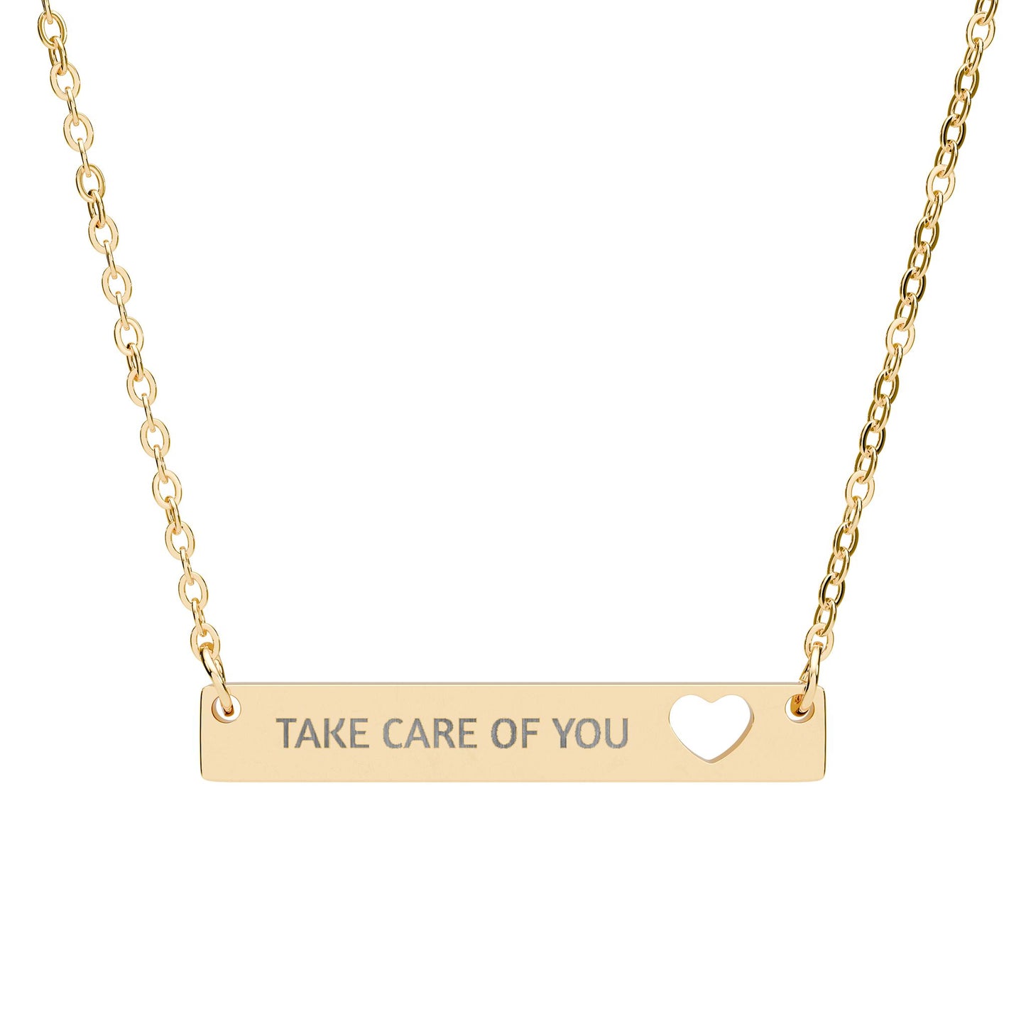 Cutout Heart Bar Necklace — "Take Care of You" Engraved